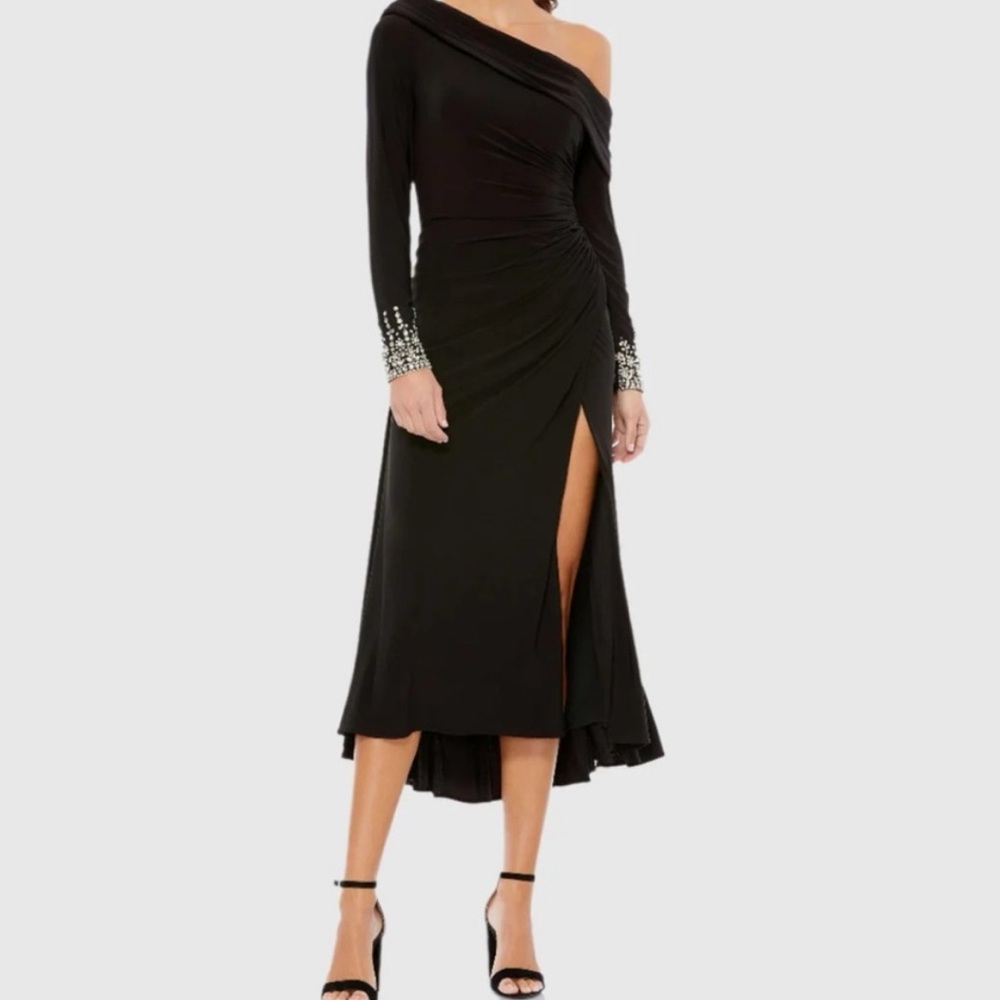 Ieena for Mac Duggal black midi dress with gorgeous jewels